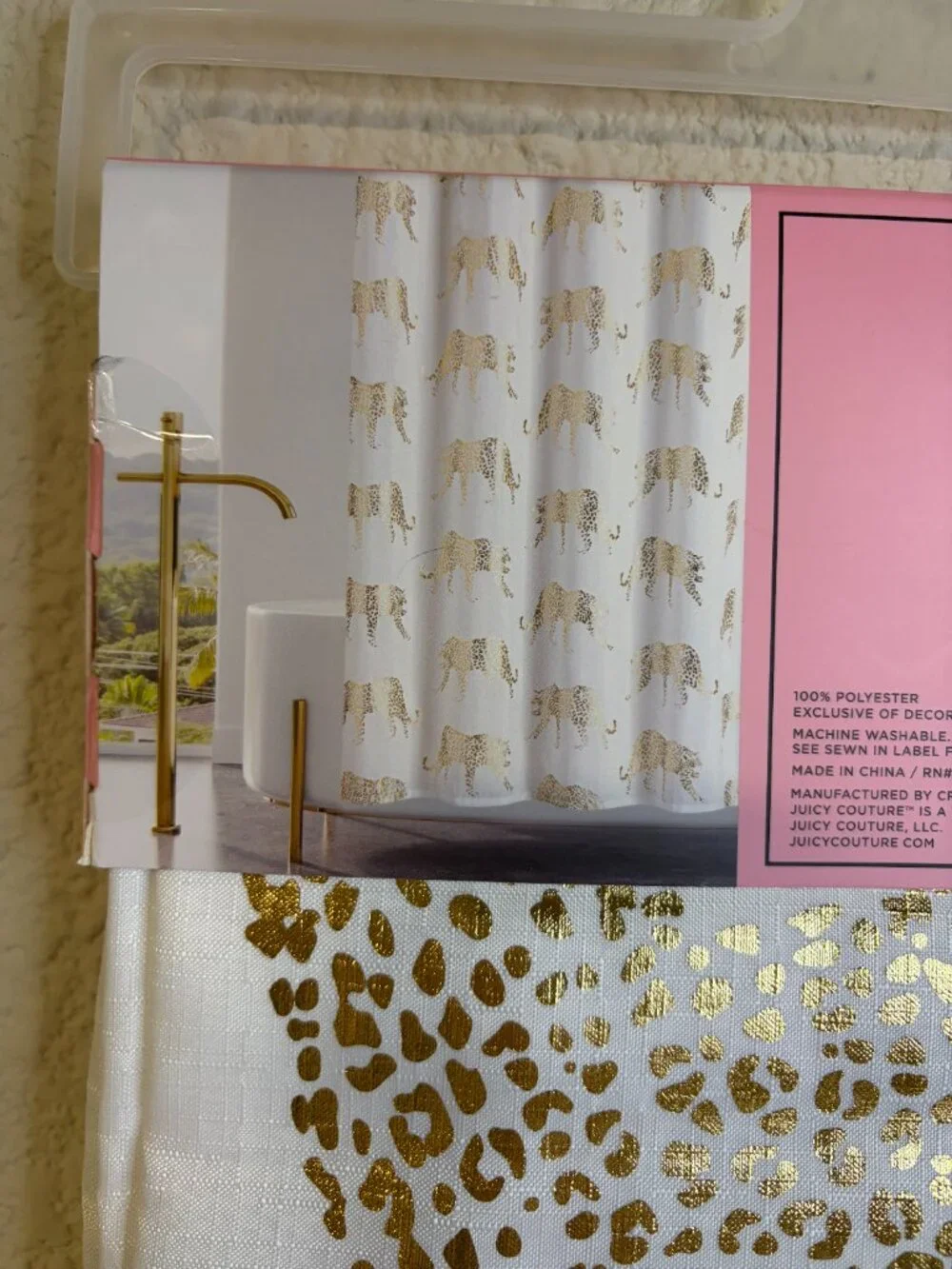 Juicy Couture Gold Leopard Metallic Shower Curtain Set Hooks 70x72 NWT